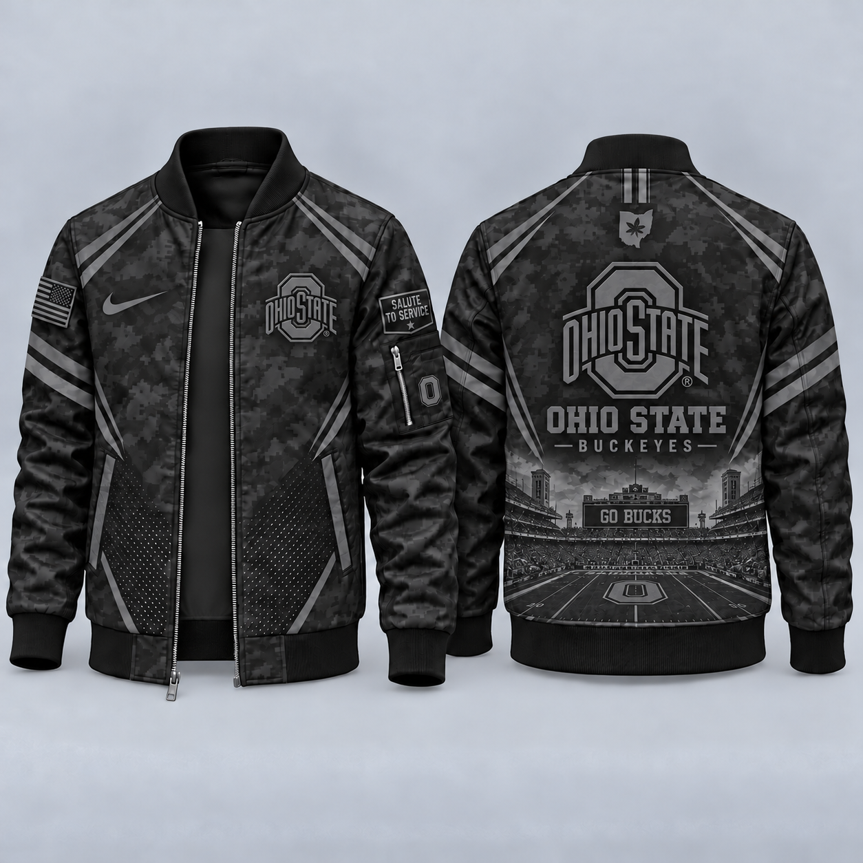 Ohio State Buckeyes Black Camo Salute to Service Bomber Jacket – Military-Inspired Football Fan Zip-Up Jacket