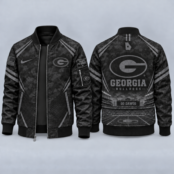 Georgia Bulldogs Black Camo Salute to Service Bomber Jacket – Military-Inspired Football Fan Zip-Up Jacket