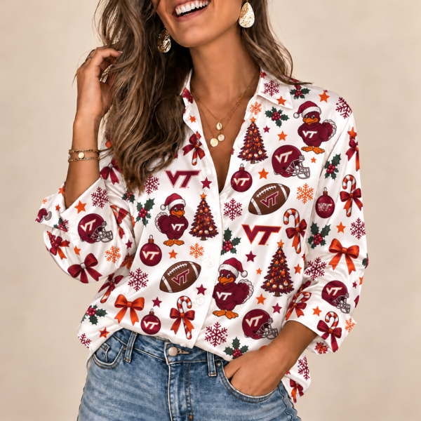 Virginia Tech Hokies Christmas Button-Up Shirt – Festive Football Fan Holiday Long Sleeve Shirt