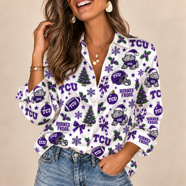 TCU Horned Frogs Christmas Button-Up Shirt – Festive Football Fan Holiday Long Sleeve Shirt