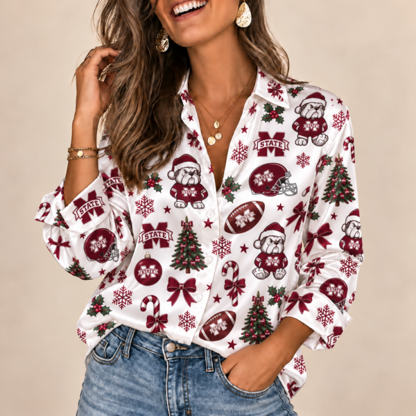 Mississippi State Bulldogs Christmas Button-Up Shirt – Festive Football Fan Holiday Long Sleeve Shirt