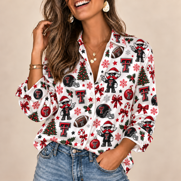 Texas Tech Red Raiders Christmas Button-Up Shirt – Festive Football Fan Holiday Long Sleeve Shirt