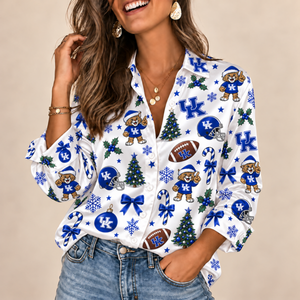 Kentucky Wildcats Christmas Button-Up Shirt – Festive Football Fan Holiday Long Sleeve Shirt