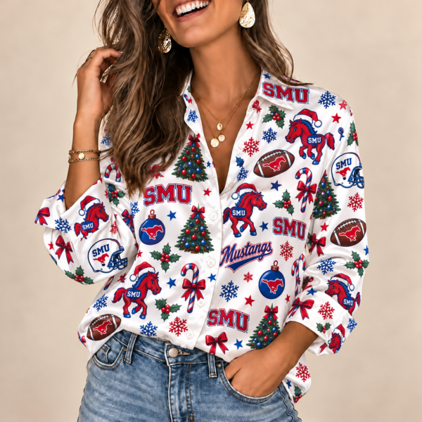 SMU Mustangs Christmas Button-Up Shirt – Festive Football Fan Holiday Long Sleeve Shirt