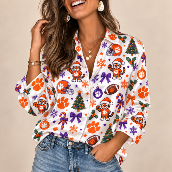 Clemson Tigers Christmas Button-Up Shirt – Festive Football Fan Holiday Long Sleeve Shirt