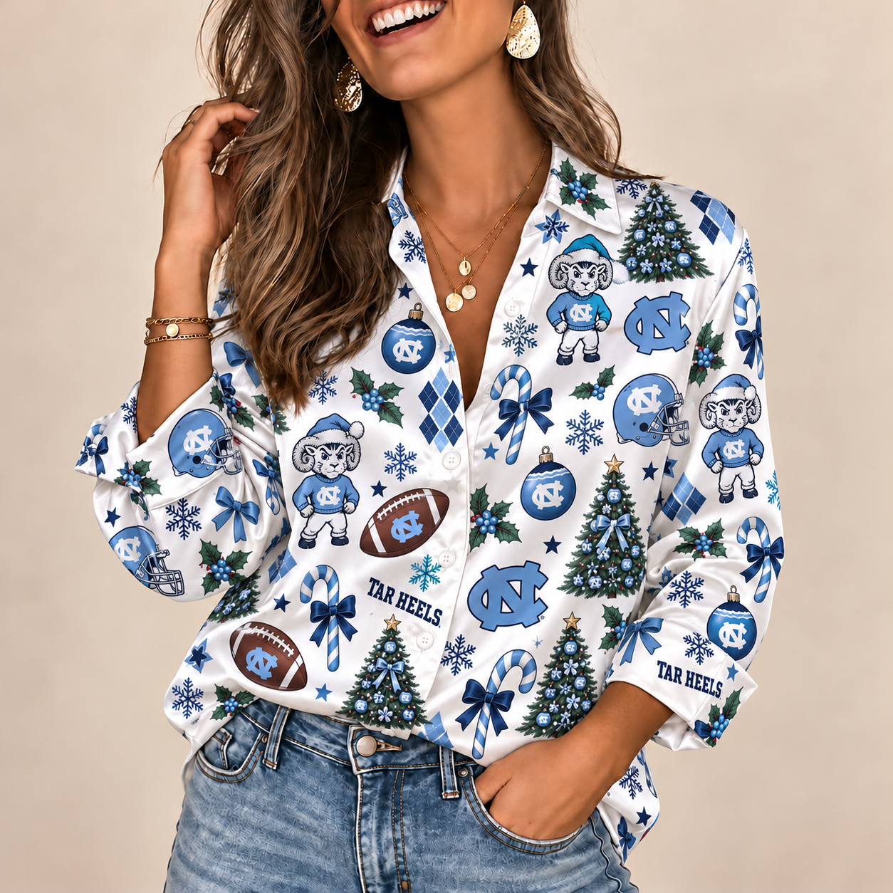 North Carolina Tar Heels Christmas Button-Up Shirt – Festive Football Fan Holiday Long Sleeve Shirt