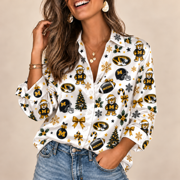 Missouri Tigers Christmas Button-Up Shirt – Festive Football Fan Holiday Long Sleeve Shirt