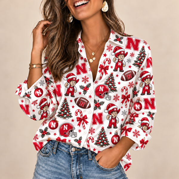 Nebraska Cornhuskers Christmas Button-Up Shirt – Festive Football Fan Holiday Long Sleeve Shirt