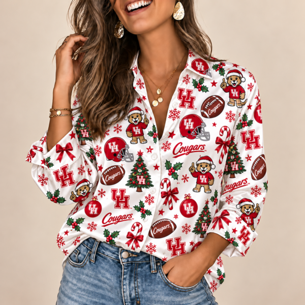 Houston Cougars Christmas Button-Up Shirt – Festive Football Fan Holiday Long Sleeve Shirt