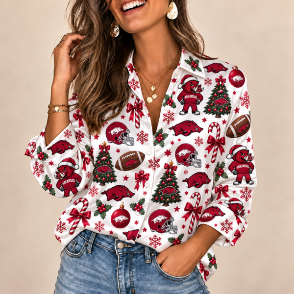 Arkansas Razorbacks Christmas Button-Up Shirt – Festive Football Fan Holiday Long Sleeve Shirt