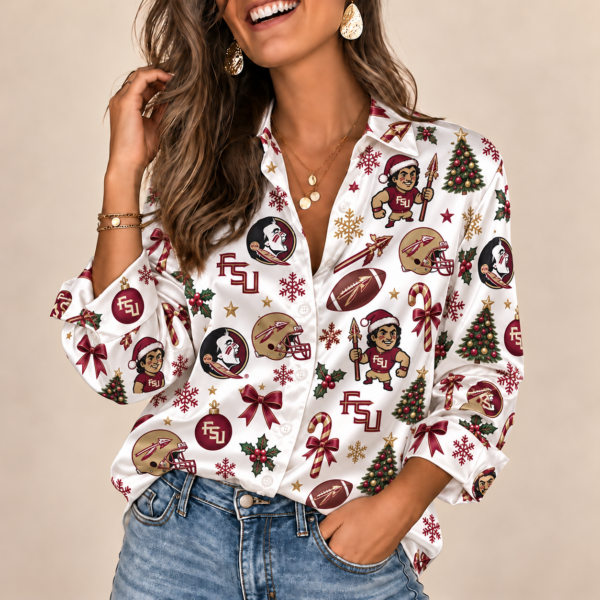 Florida State Seminoles Christmas Button-Up Shirt – Festive Football Fan Holiday Long Sleeve Shirt