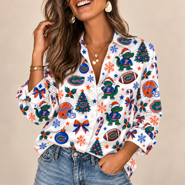Florida Gators Christmas Button-Up Shirt – Festive Football Fan Holiday Long Sleeve Shirt