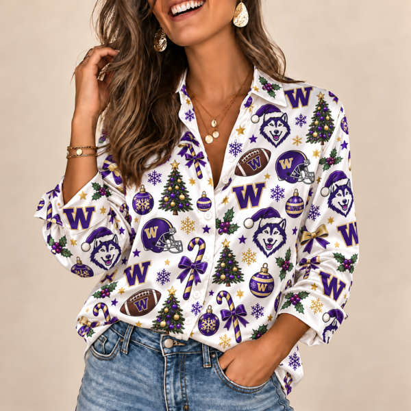 Washington Huskies Christmas Button-Up Shirt – Festive Football Fan Holiday Long Sleeve Shirt