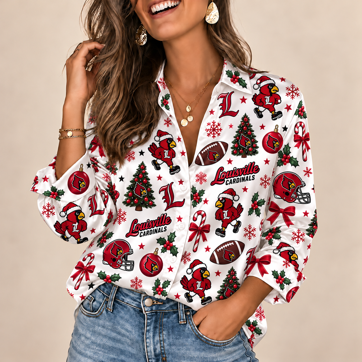 Louisville Cardinals Christmas Button-Up Shirt – Festive Football Fan Holiday Long Sleeve Shirt