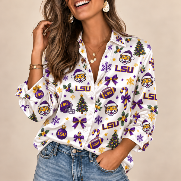 LSU Tigers Christmas Button-Up Shirt – Festive Football Fan Holiday Long Sleeve Shirt