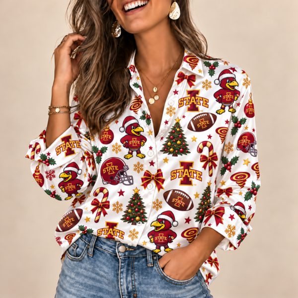 Iowa State Cyclones Christmas Button-Up Shirt – Festive Football Fan Holiday Long Sleeve Shirt