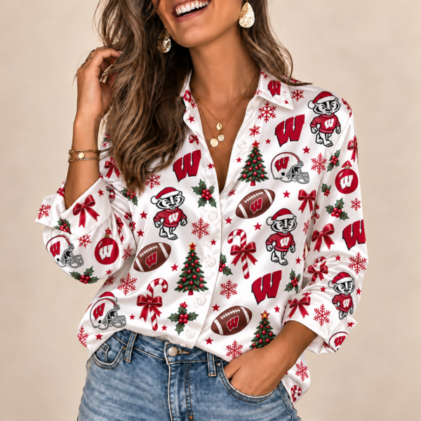 Wisconsin Badgers Christmas Button-Up Shirt – Festive Football Fan Holiday Long Sleeve Shirt