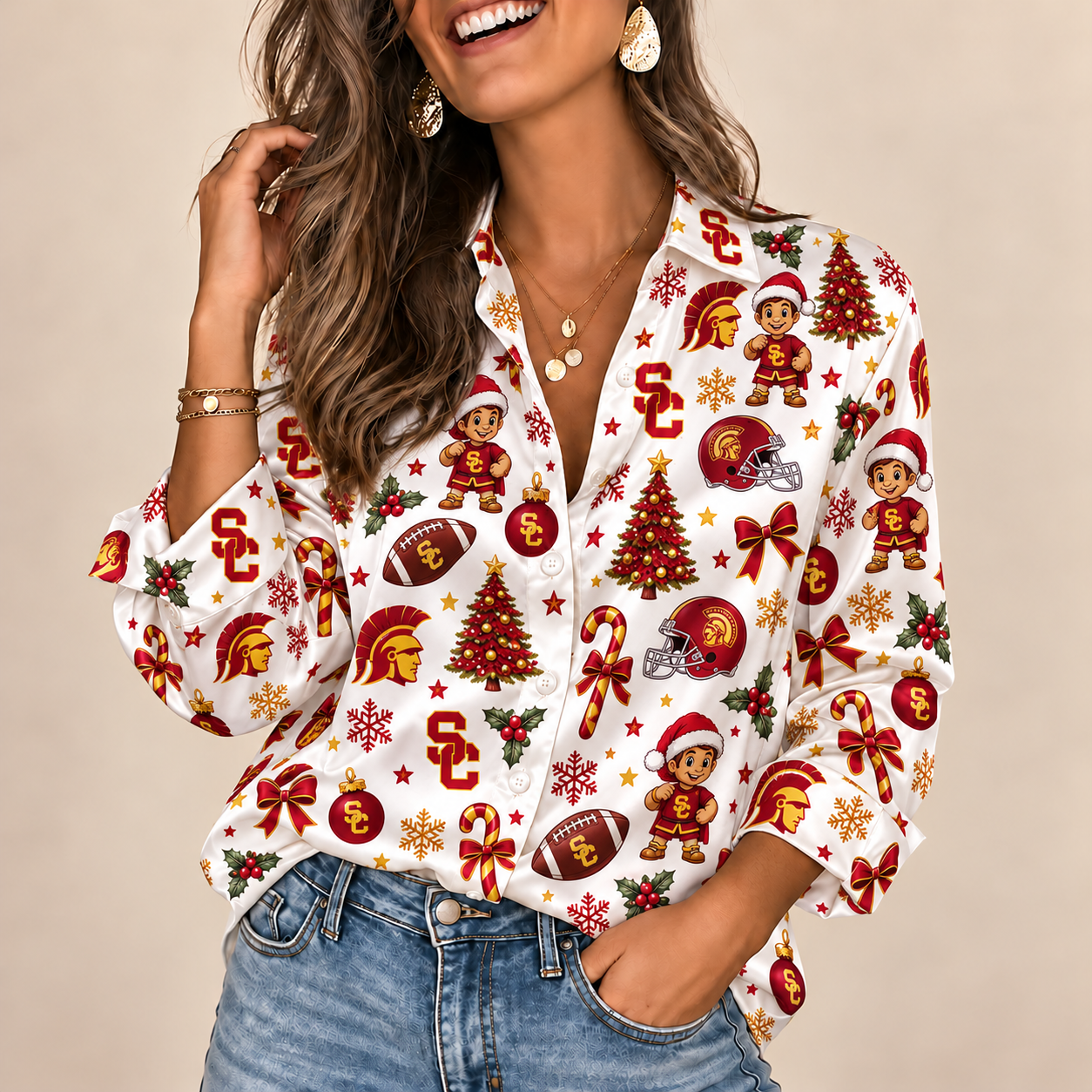 USC Trojans Christmas Button-Up Shirt – Festive Football Fan Holiday Long Sleeve Shirt