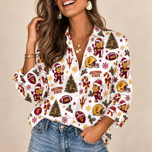 Arizona State Sun Devils Christmas Button-Up Shirt – Festive Football Fan Holiday Long Sleeve Shirt