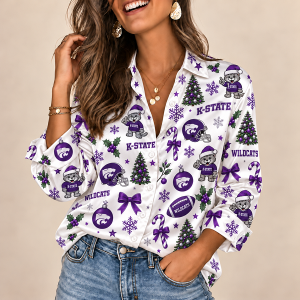Kansas State Wildcats Christmas Button-Up Shirt – Festive Football Fan Holiday Long Sleeve Shirt