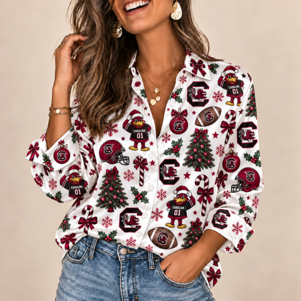 South Carolina Gamecocks Christmas Button-Up Shirt – Festive Football Fan Holiday Long Sleeve Shirt