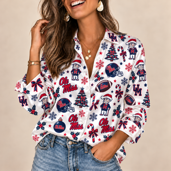 Ole Miss Rebels Christmas Button-Up Shirt – Festive Football Fan Holiday Long Sleeve Shirt