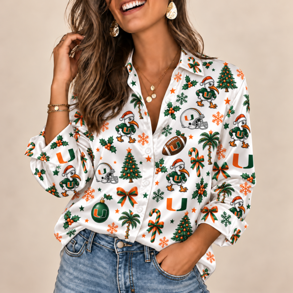 Miami Hurricanes Christmas Button-Up Shirt – Festive Football Fan Holiday Long Sleeve Shirt