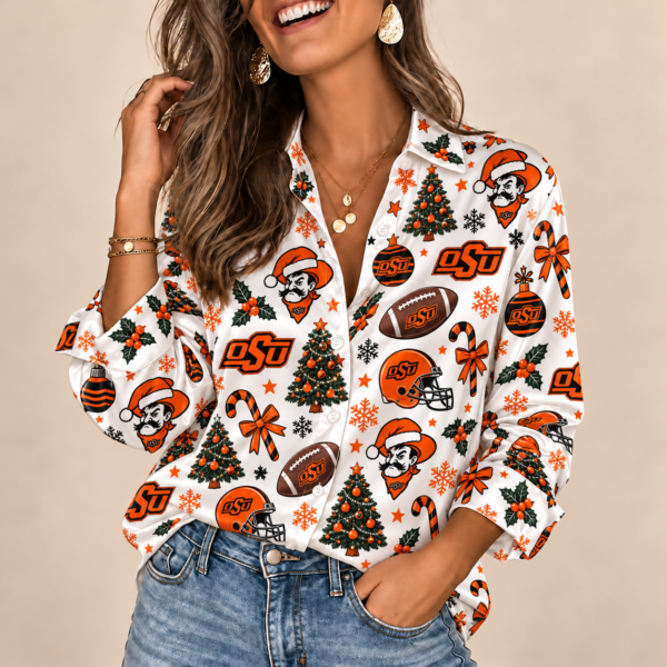 Oklahoma State Cowboys Christmas Button-Up Shirt – Festive Football Fan Holiday Long Sleeve Shirt