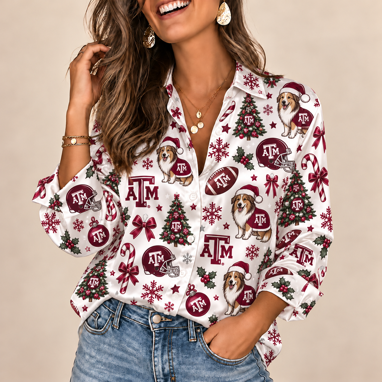 Texas A&M Aggies Christmas Button-Up Shirt – Festive Football Fan Holiday Long Sleeve Shirt