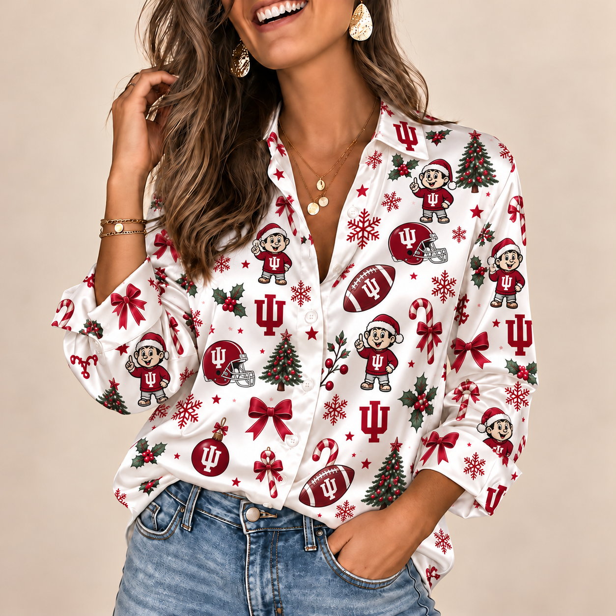 Indiana Hoosiers Christmas Button-Up Shirt – Festive Football Fan Holiday Long Sleeve Shirt
