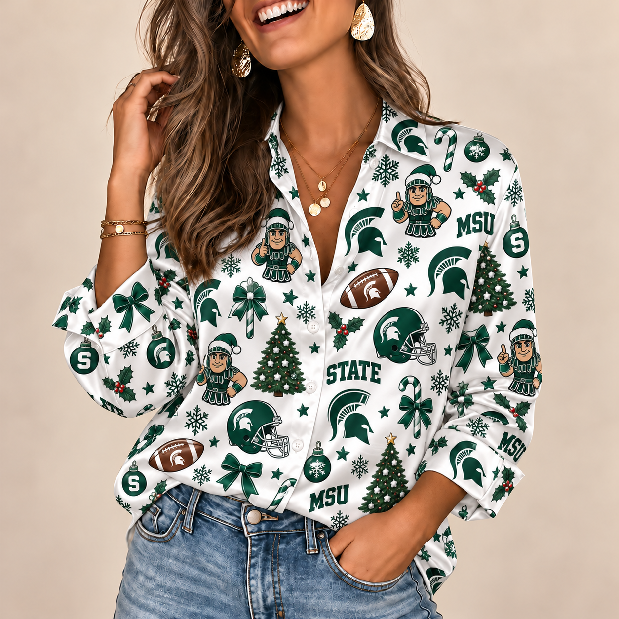 Michigan State Spartans Christmas Button-Up Shirt – Festive Football Fan Holiday Long Sleeve Shirt