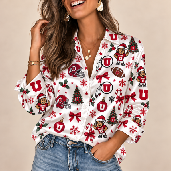 Utah Utes Christmas Button-Up Shirt – Festive Football Fan Holiday Long Sleeve Shirt