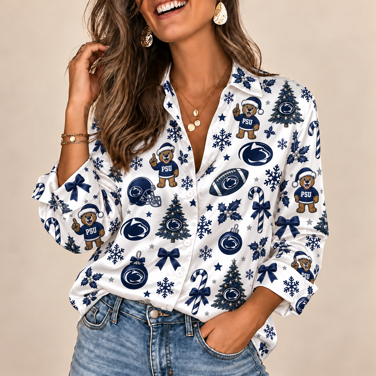 Penn State Nittany Lions Christmas Button-Up Shirt – Festive Football Fan Holiday Long Sleeve Shirt