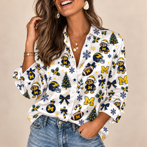 Michigan Wolverines Christmas Button-Up Shirt – Festive Football Fan Holiday Long Sleeve Shirt