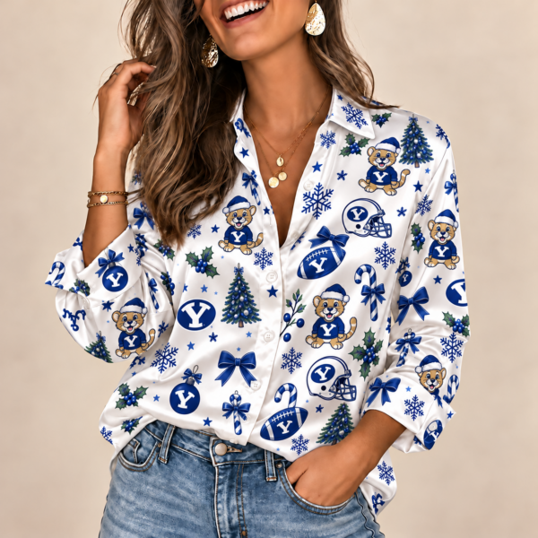 BYU Cougars Christmas Button-Up Shirt – Festive Football Fan Holiday Long Sleeve Shirt