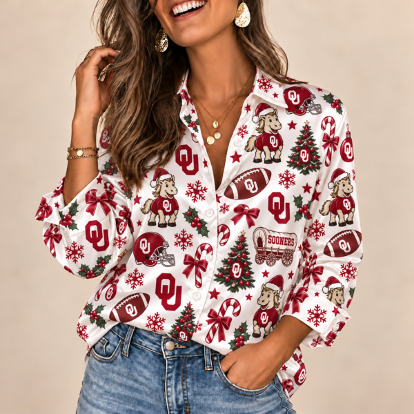 Oklahoma Sooners Christmas Button-Up Shirt – Festive Football Fan Holiday Long Sleeve Shirt