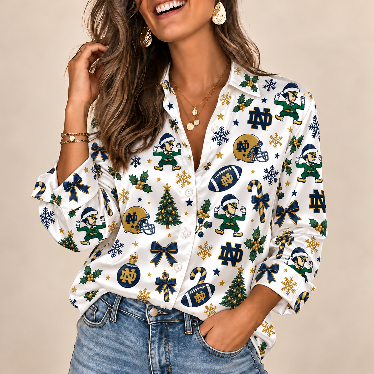 Notre Dame Fighting Irish Christmas Button-Up Shirt – Festive Football Fan Holiday Long Sleeve Shirt