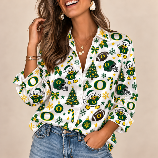 Oregon Ducks Christmas Button-Up Shirt – Festive Football Fan Holiday Long Sleeve Shirt