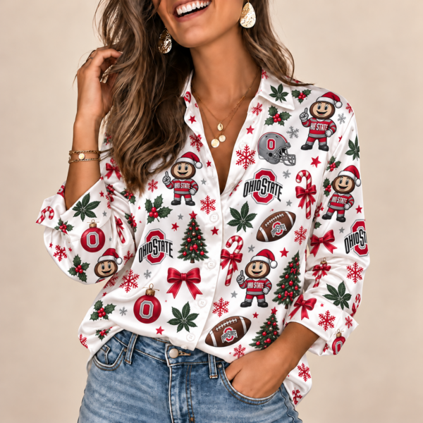 Ohio State Buckeyes Christmas Button-Up Shirt – Festive Football Fan Holiday Long Sleeve Shirt
