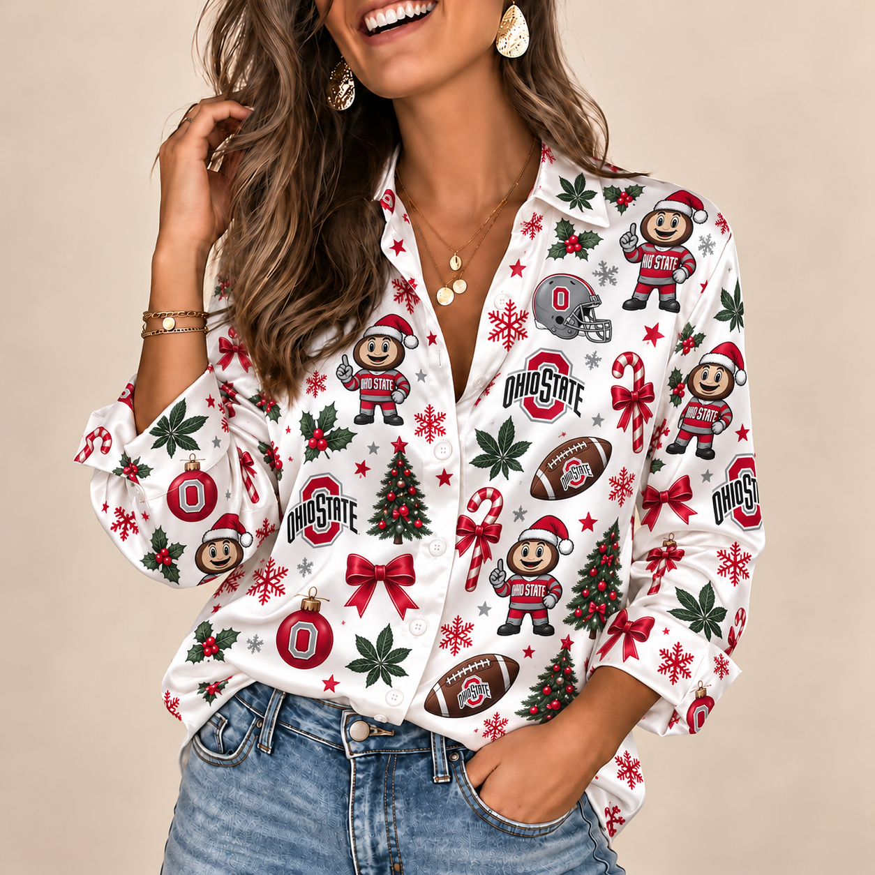 Ohio State Buckeyes Christmas Button-Up Shirt – Festive Football Fan Holiday Long Sleeve Shirt