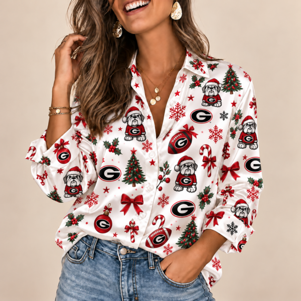 Georgia Bulldogs Christmas Button-Up Shirt – Festive Football Fan Holiday Long Sleeve Shirt