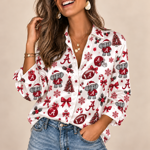 Alabama Crimson Tide Christmas Button-Up Shirt – Festive Football Fan Holiday Long Sleeve Shirt