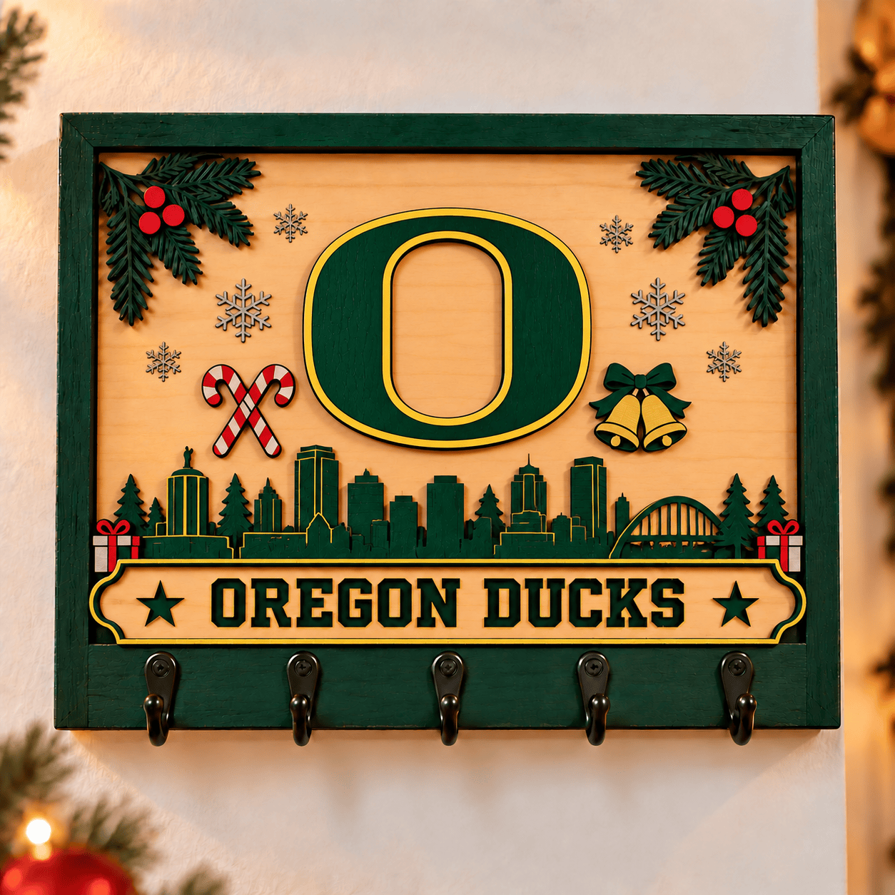Oregon Ducks Chirstmas Wooden Key Rack