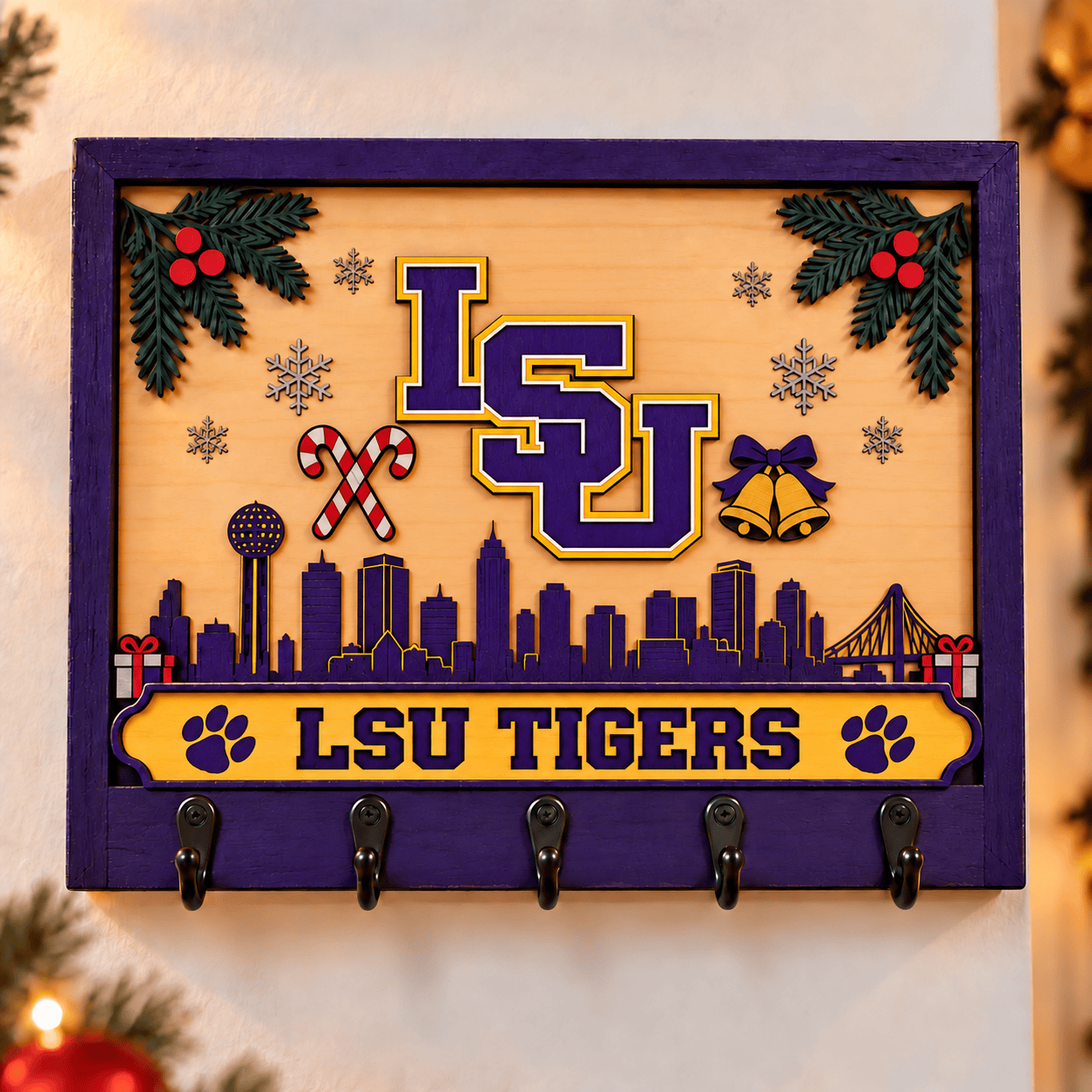 LSU Tigers Chirstmas Wooden Key Rack