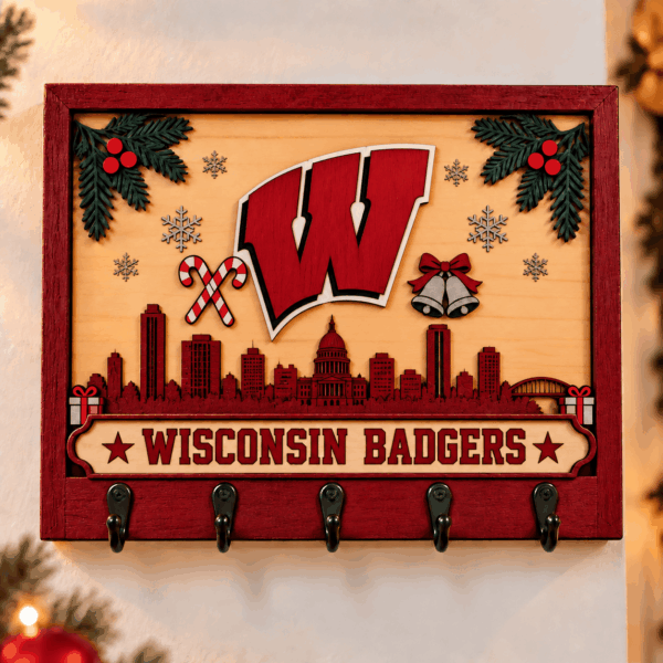 Wisconsin Badgers Chirstmas Wooden Key Rack