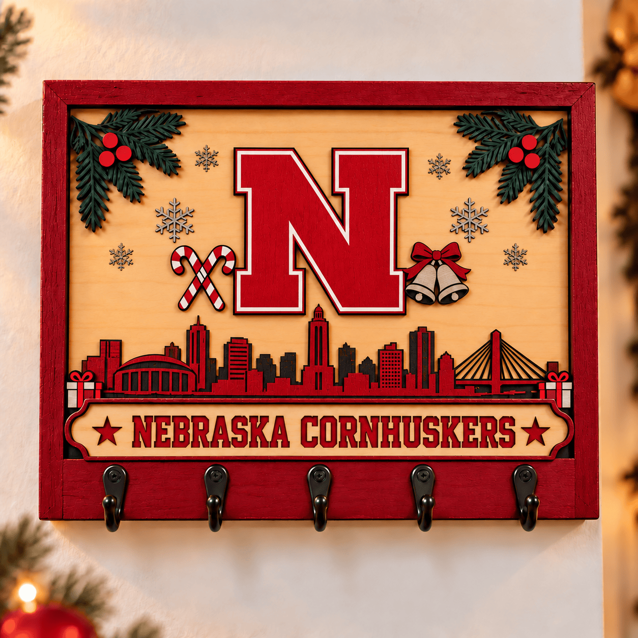 Nebraska Cornhuskers Chirstmas Wooden Key Rack