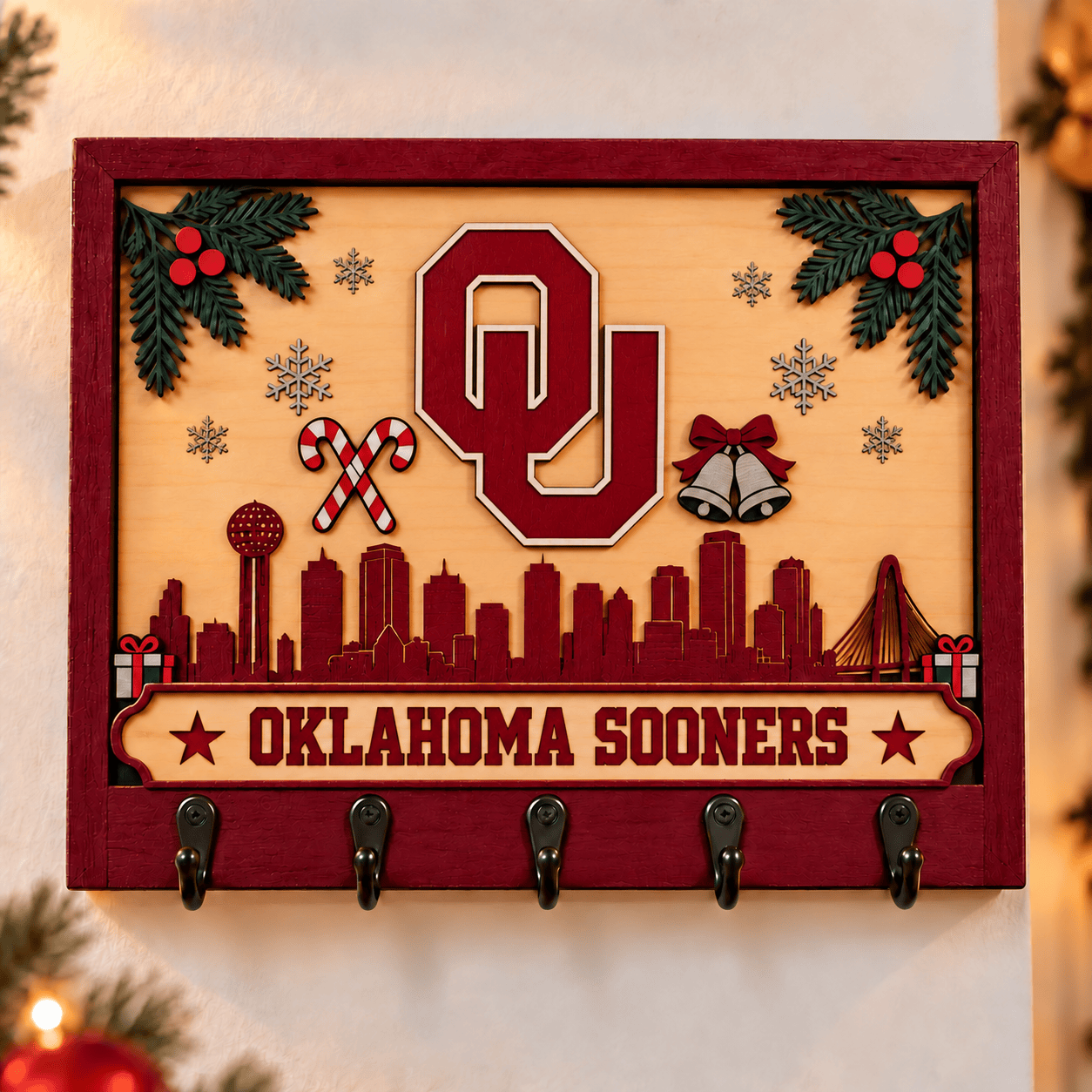 Oklahoma Sooners Chirstmas Wooden Key Rack