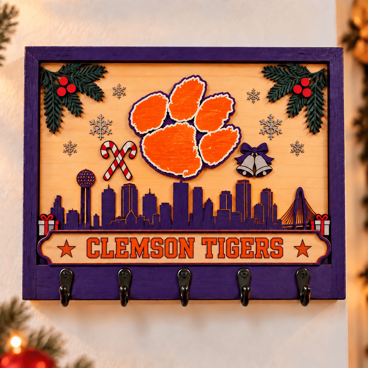Clemson Tigers Chirstmas Wooden Key Rack
