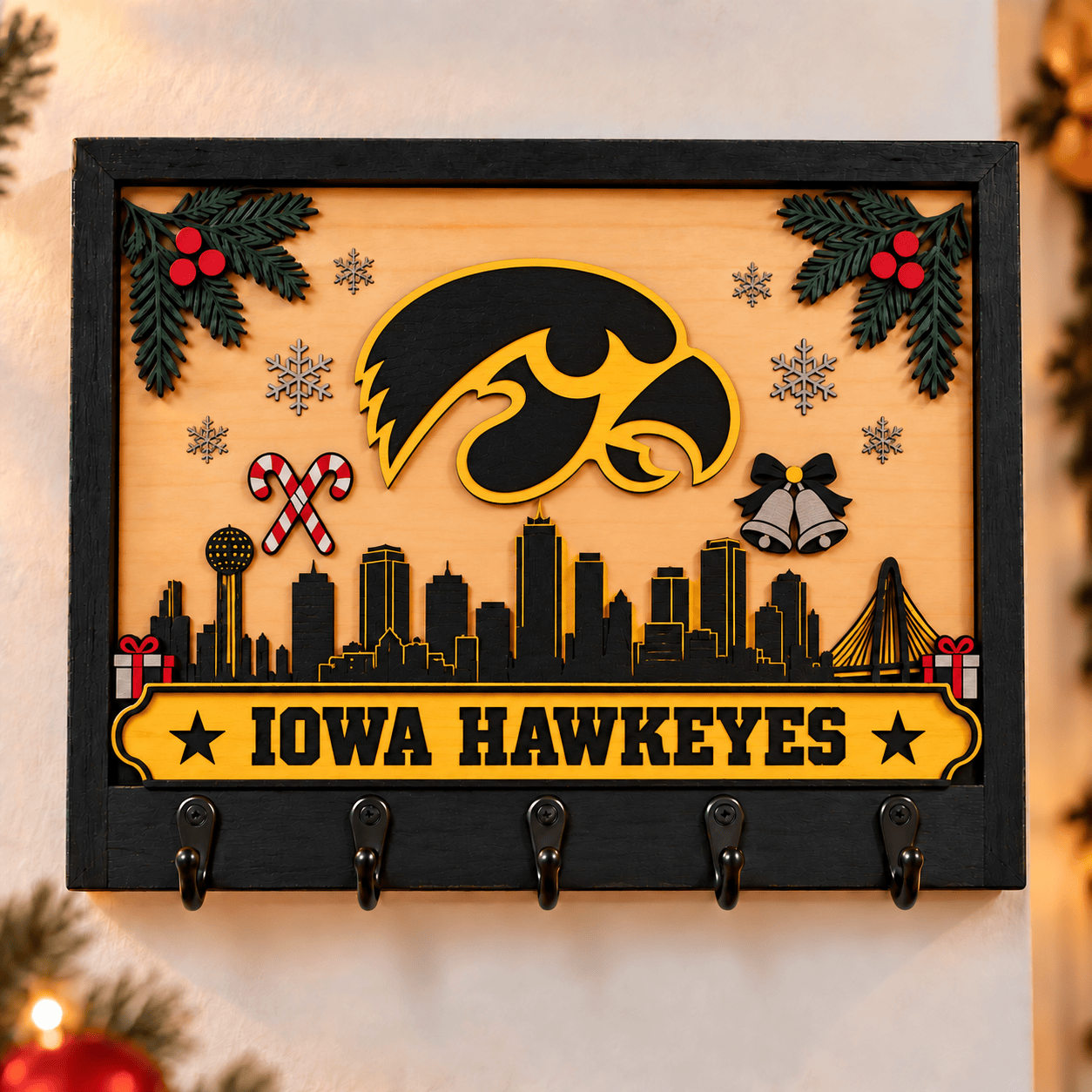 Iowa Hawkeyes Chirstmas Wooden Key Rack