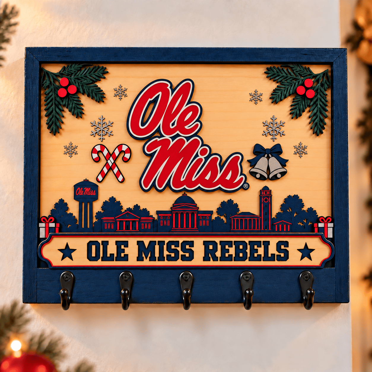 Ole Miss Rebels Chirstmas Wooden Key Rack